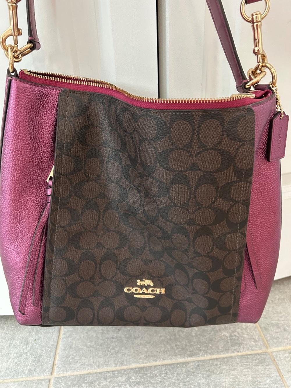 Coach Metallic berry color and brown signature bag - Picture 3 of 10